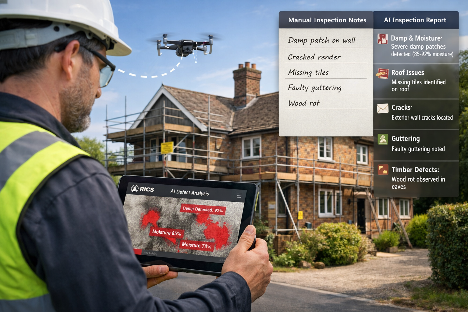 () realistic scene showing modern building survey in progress with ethical AI implementation. Foreground: professional