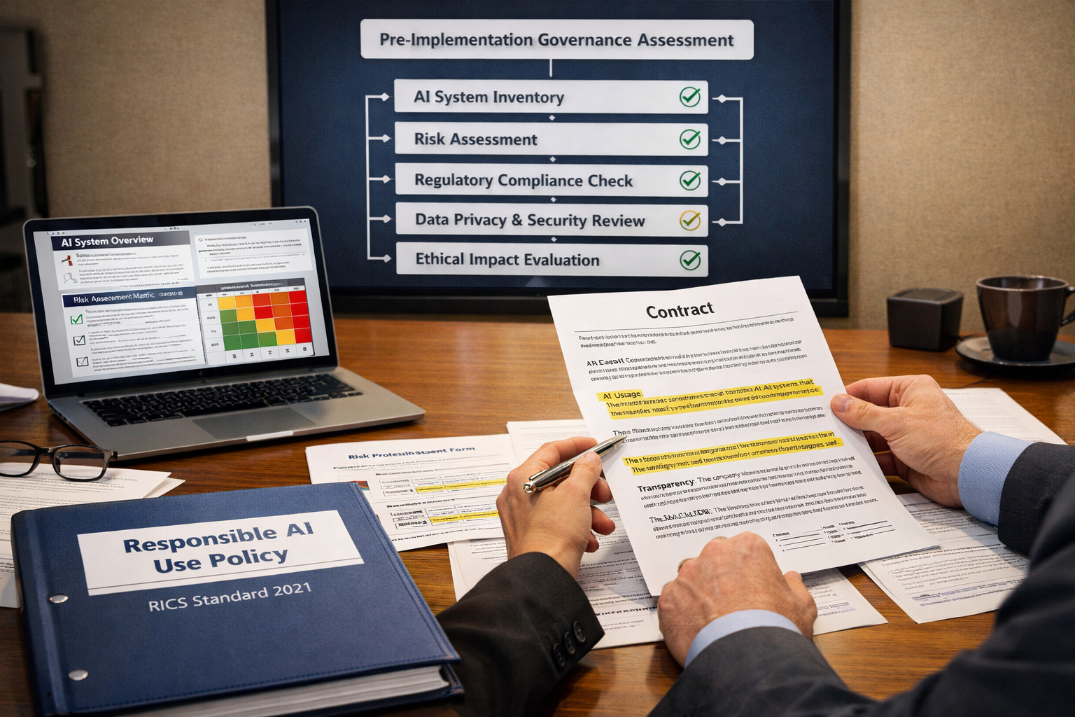 () professional office setting showing client consultation meeting focused on AI transparency requirements. Wide desk with