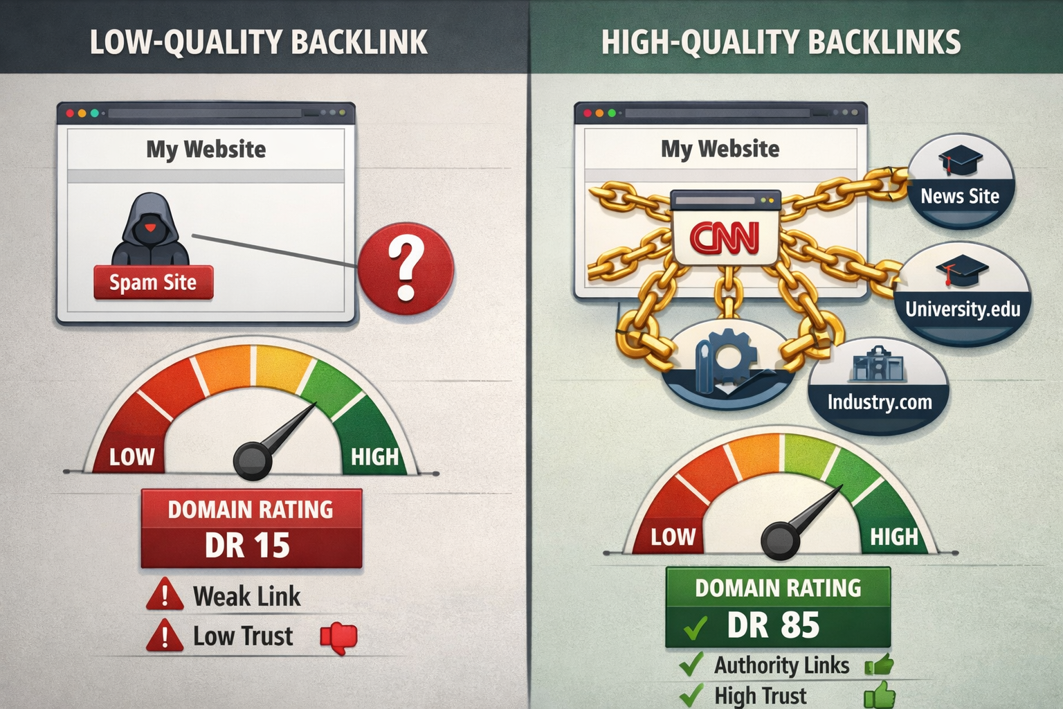 Landscape format (1536x1024) detailed comparison visualization showing two website representations side by side: left side displays a websit