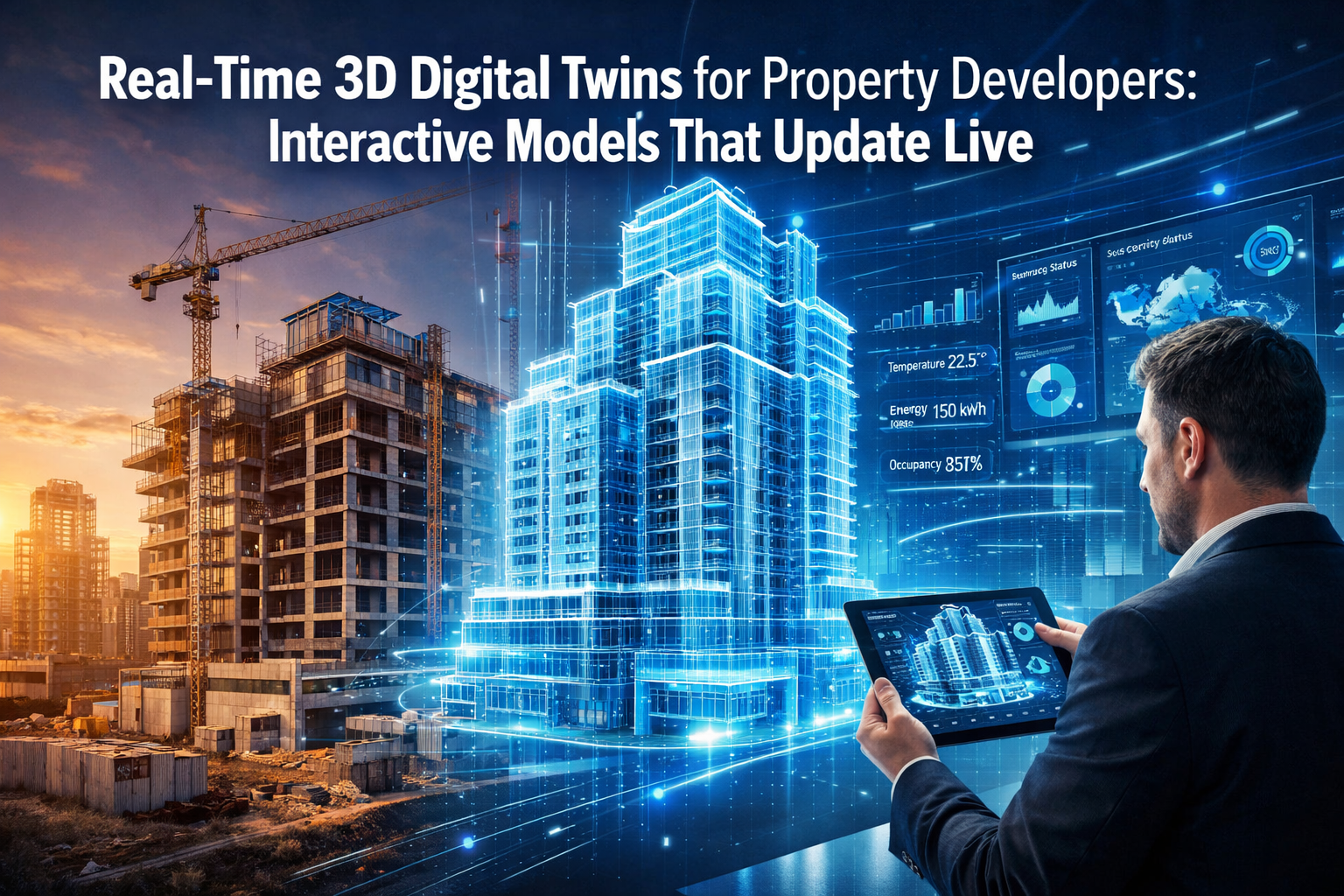Professional landscape format (1536x1024) hero image featuring bold text overlay 'Real-Time 3D Digital Twins for Property Developers: Intera
