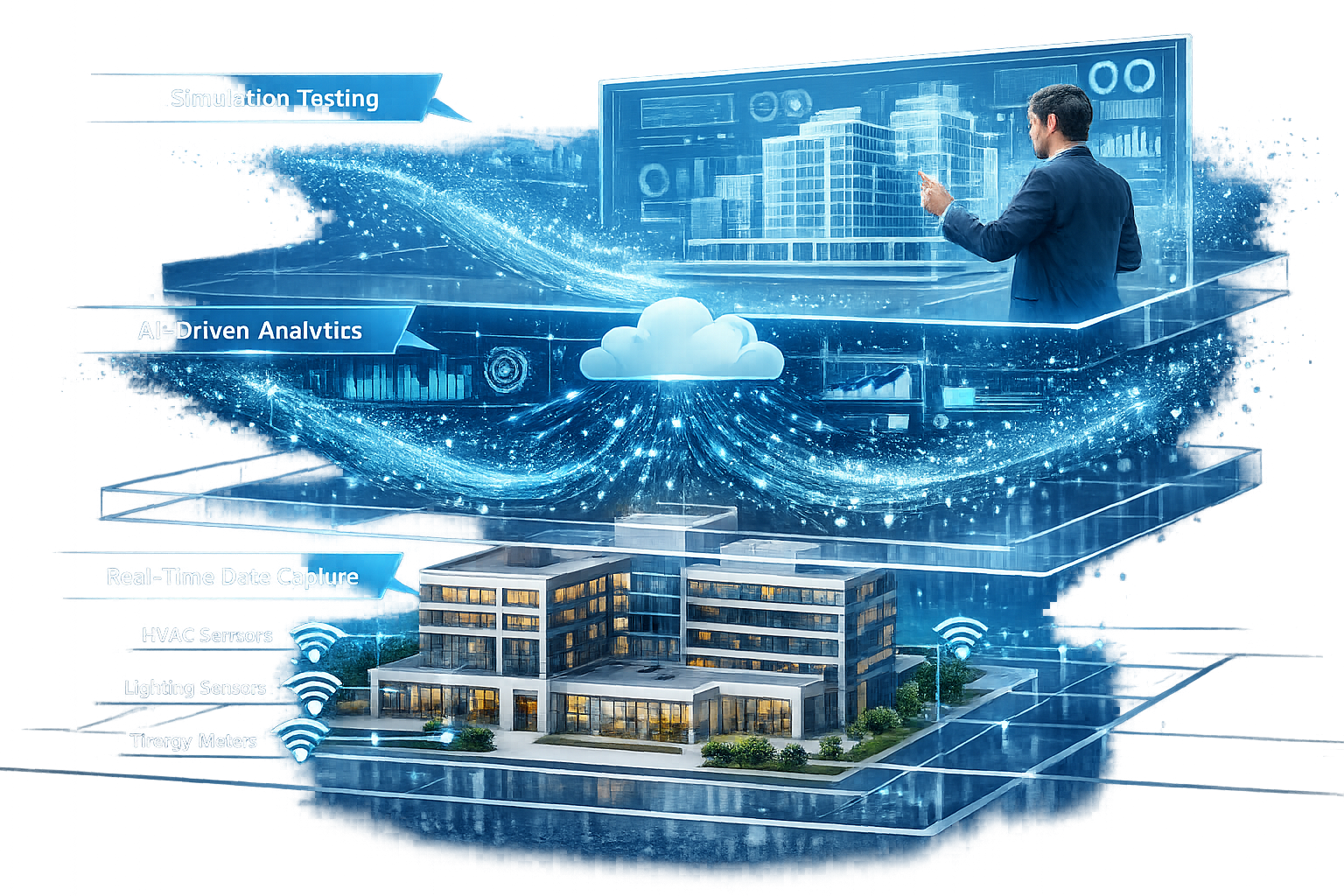 Detailed landscape format (1536x1024) illustration showing three-layer architectural diagram of digital twin technology components. Bottom l