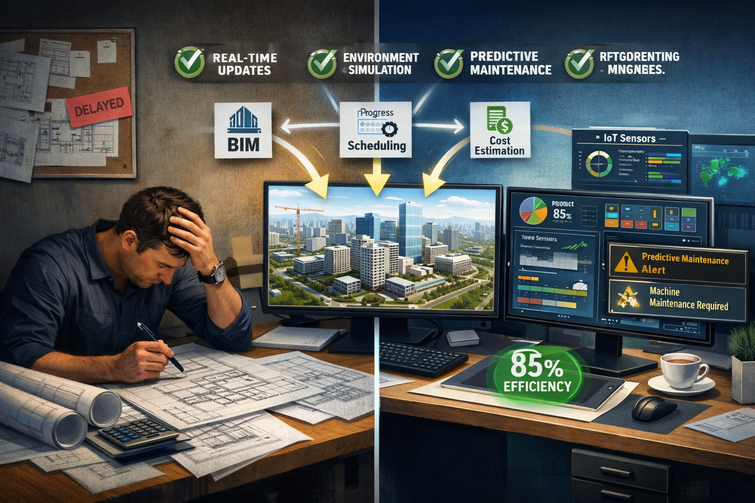 Detailed landscape format (1536x1024) visualization of property development workflow integration showing side-by-side comparison. Left side