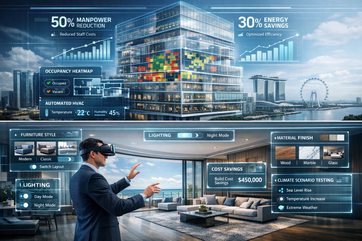 Detailed landscape format (1536x1024) split-screen comparison showing digital twin practical applications. Top half: Singapore Smart City co