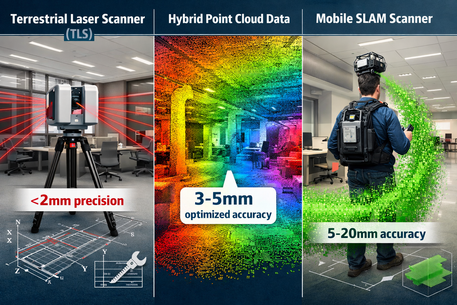 Detailed landscape format (1536x1024) image showing side-by-side comparison of terrestrial laser scanner (TLS) on left and mobile SLAM scann