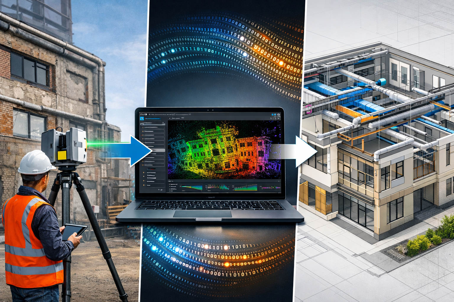 Detailed landscape format (1536x1024) image depicting BIM integration workflow with 3D laser scanning. Left third shows physical building ex