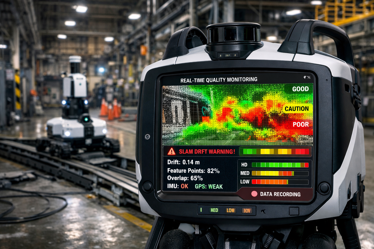 Detailed landscape format (1536x1024) image showing real-time quality monitoring dashboard on mobile scanner screen in field setting. Foregr