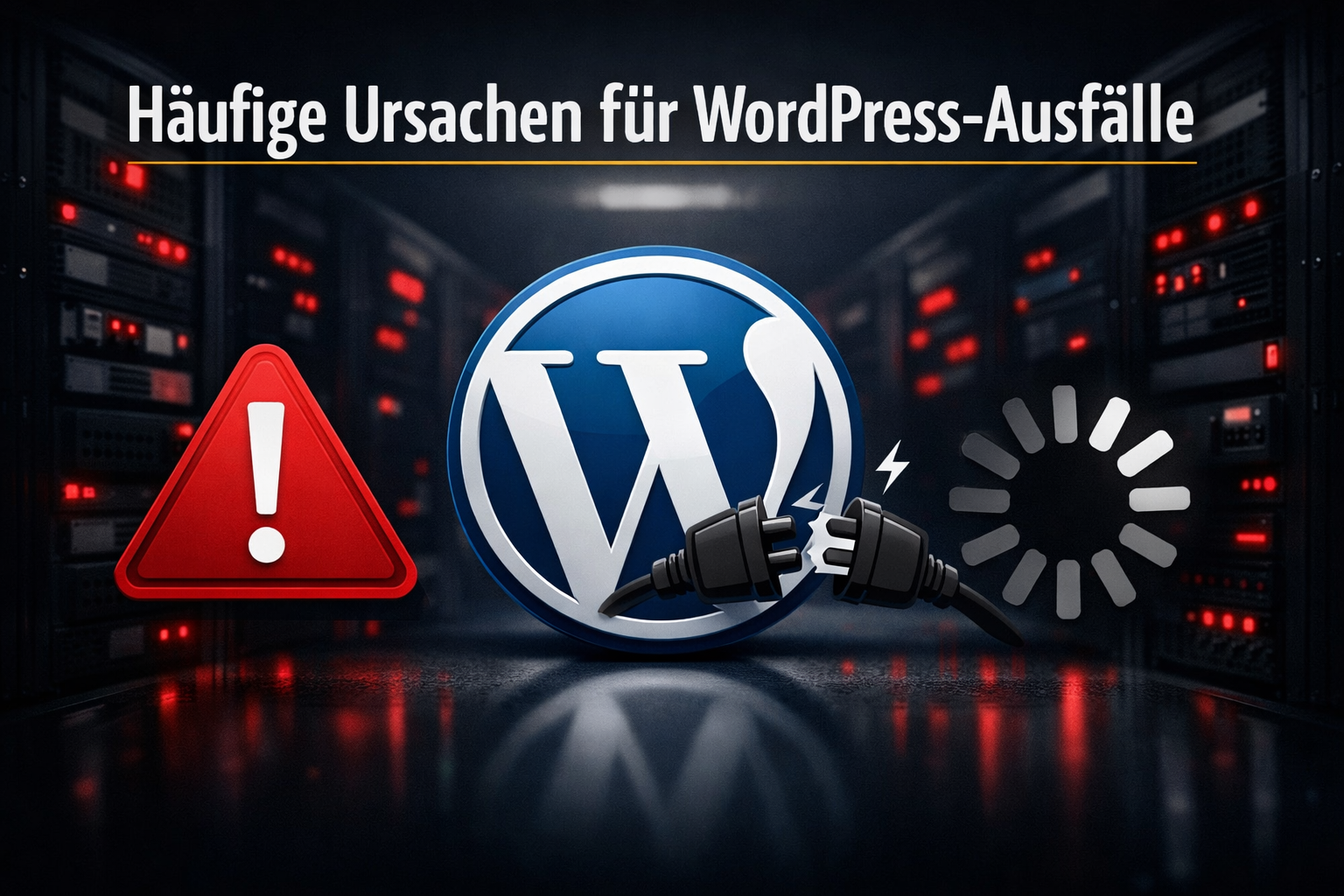 () conceptual illustration showing a WordPress logo surrounded by warning icons: a red exclamation triangle, a broken plug