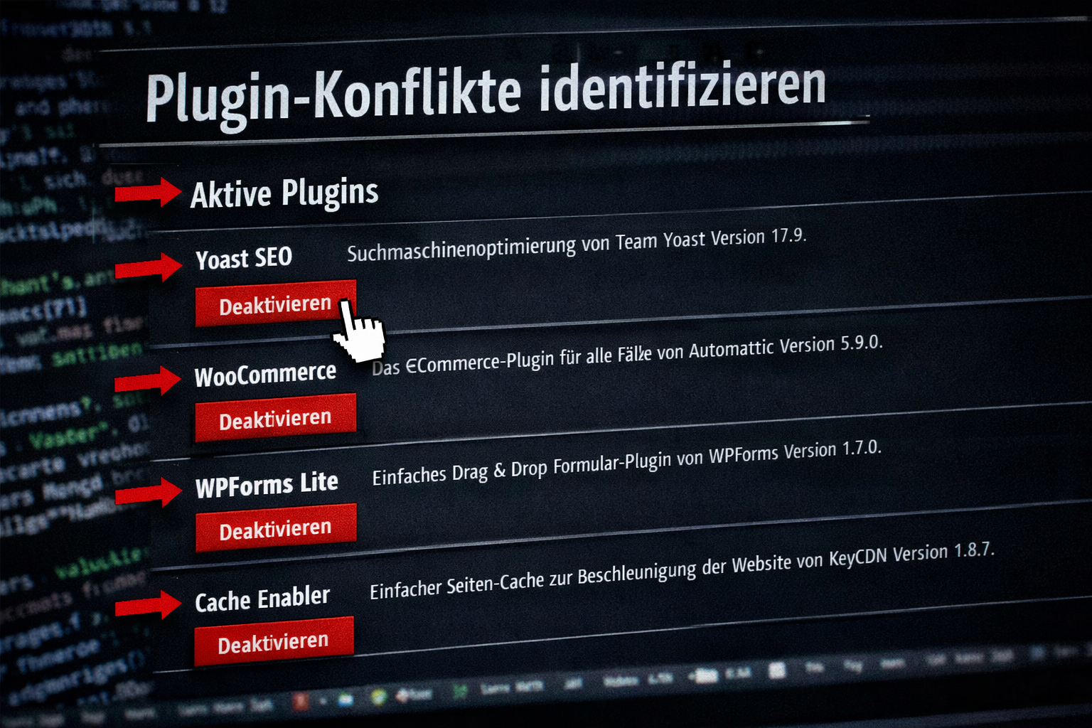 () close-up of a computer screen showing a WordPress plugin management page with several plugins being deactivated one by
