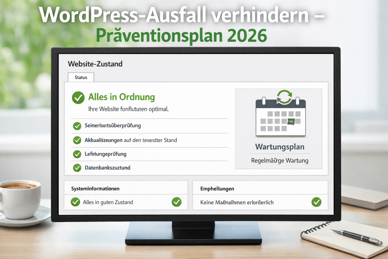 () visual showing a WordPress website health dashboard on a monitor screen, with green checkmarks replacing previous red
