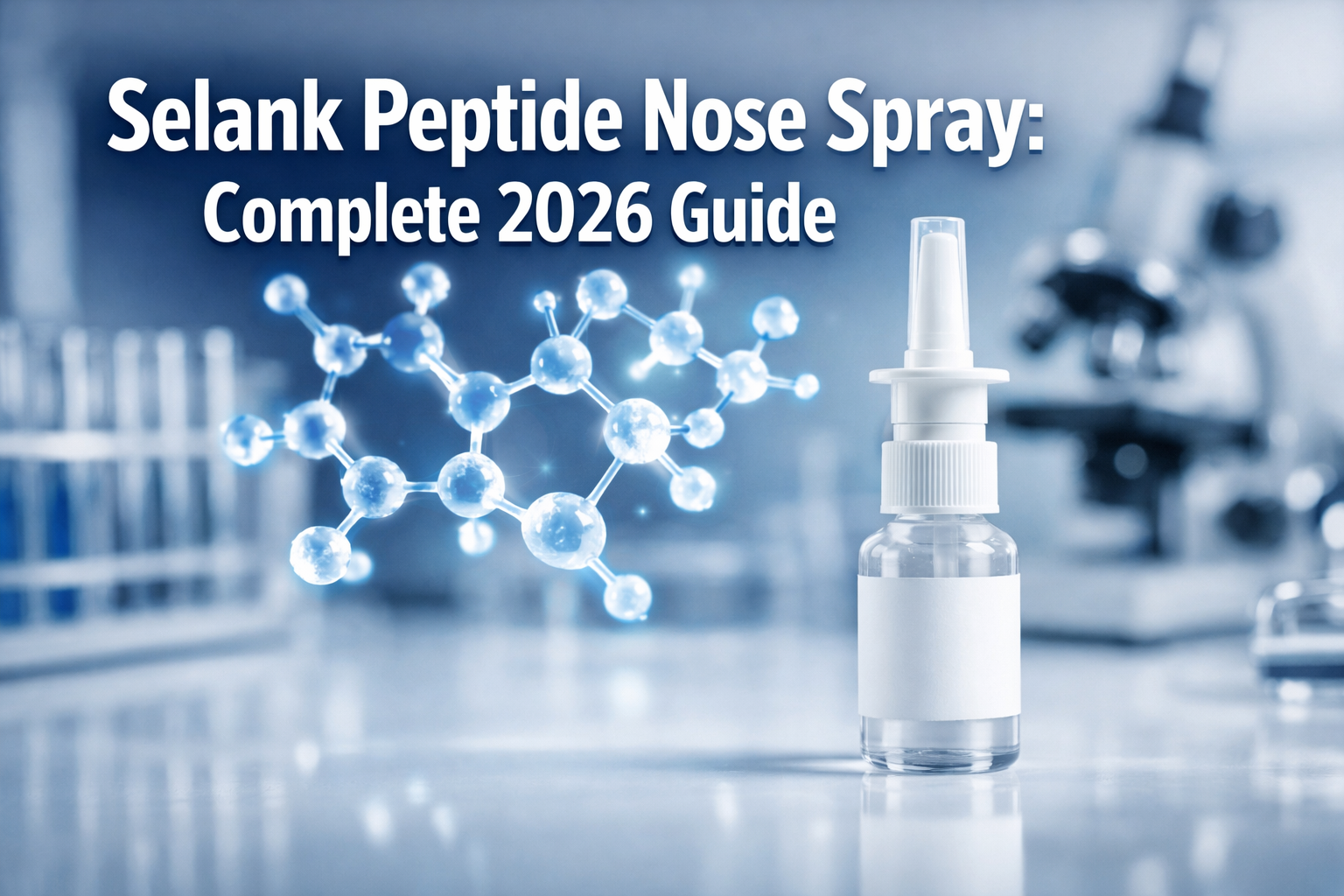 Professional landscape hero image (1536x1024) featuring bold text overlay 'Selank Peptide Nose Spray: Complete 2026 Guide' in extra large 72