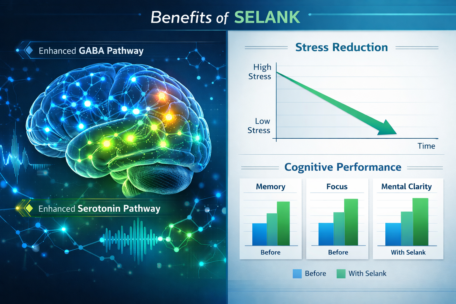 Professional landscape photograph (1536x1024) of clinical research setting showing comparison chart of Selank benefits, split-screen layout 