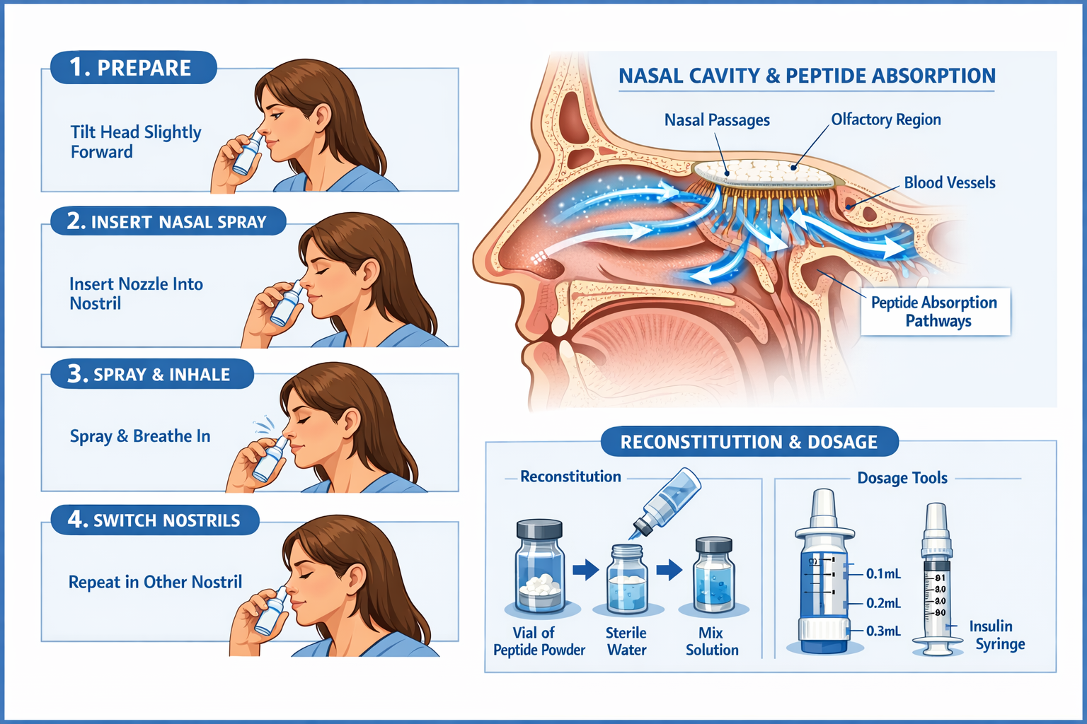 Detailed landscape illustration (1536x1024) showing proper nasal spray administration technique, side-view anatomical diagram of nasal cavit