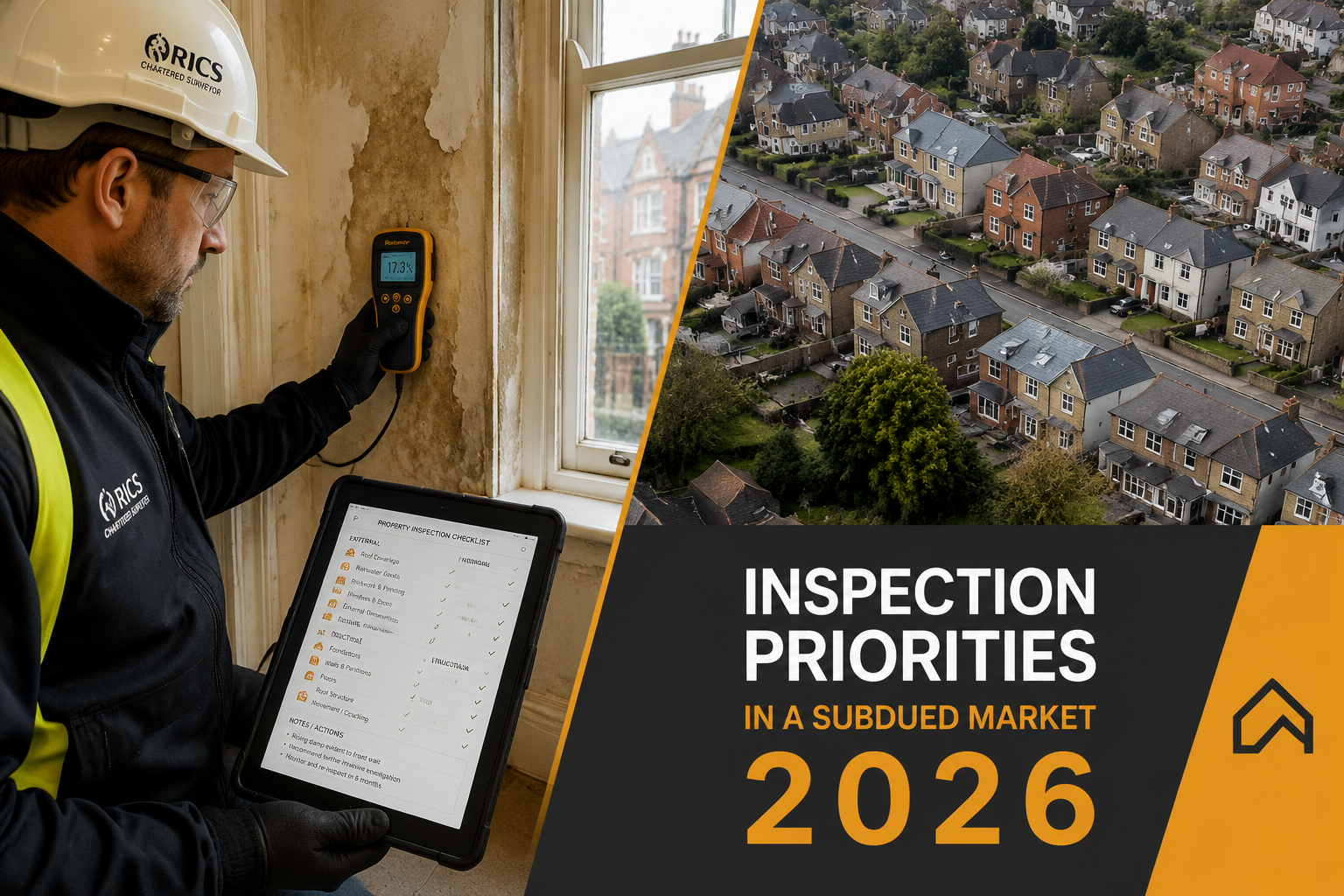 () split-scene image: left side shows a professional male chartered surveyor using a moisture meter on a damp interior wall