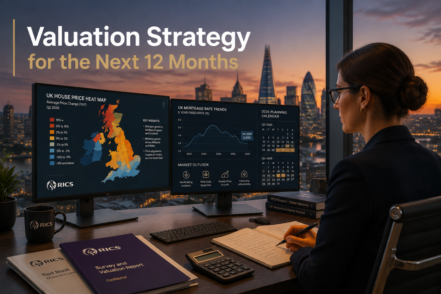 () forward-looking concept image showing a female RICS-accredited valuer at a modern desk with dual monitors displaying UK