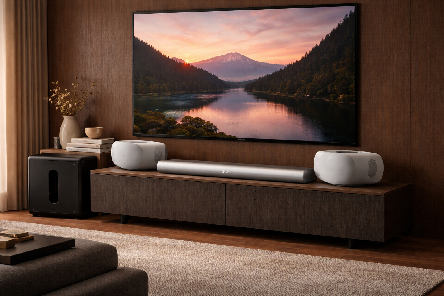 High-quality product showcase image of Sonos Arc Ultra soundbar with Era 300 speakers and Sub 4 subwoofer arranged in premium home theater s