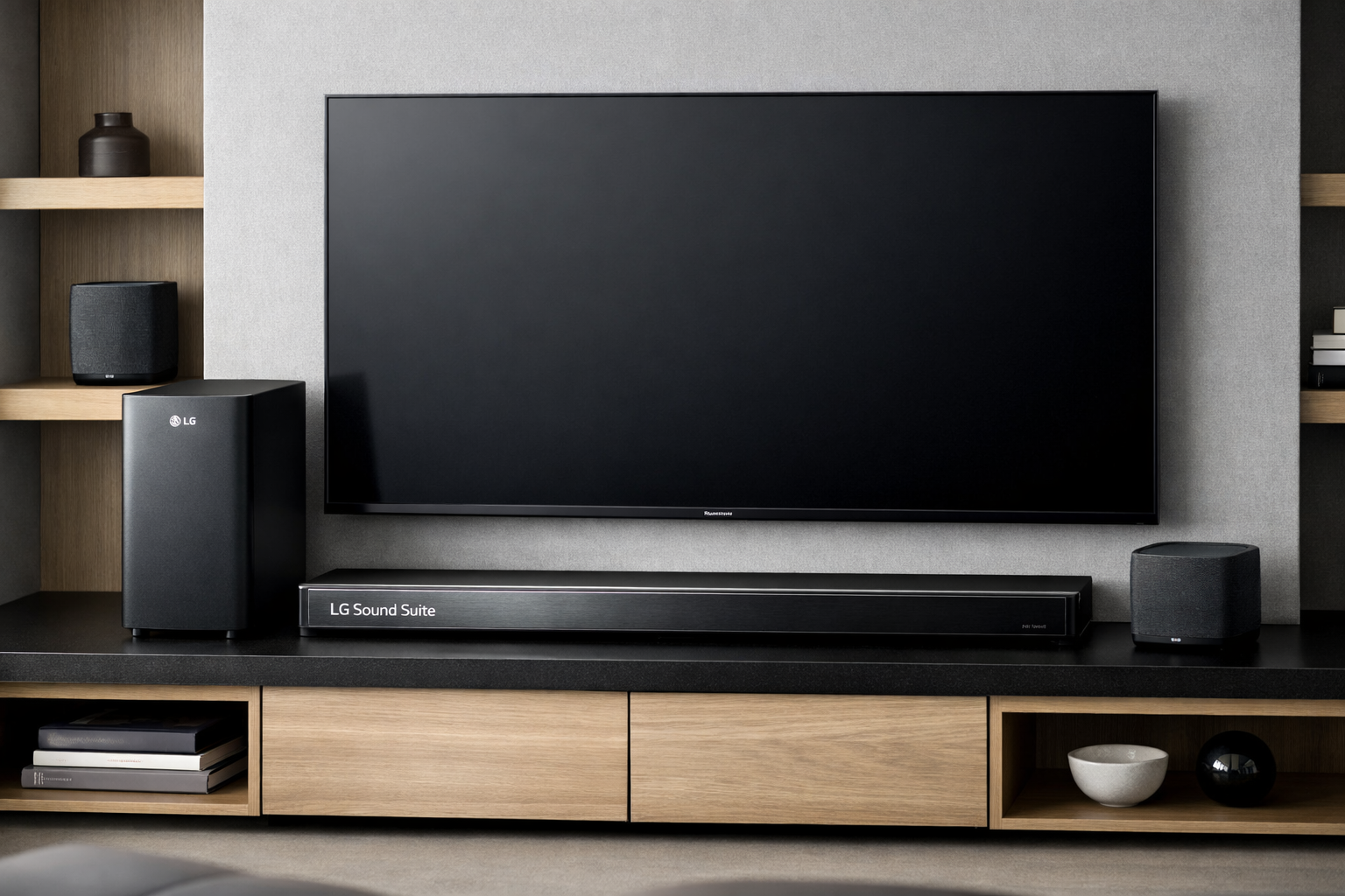 Sleek product photography of LG Sound Suite H7 soundbar with W7 subwoofer and additional FlexConnect components in modern entertainment cent