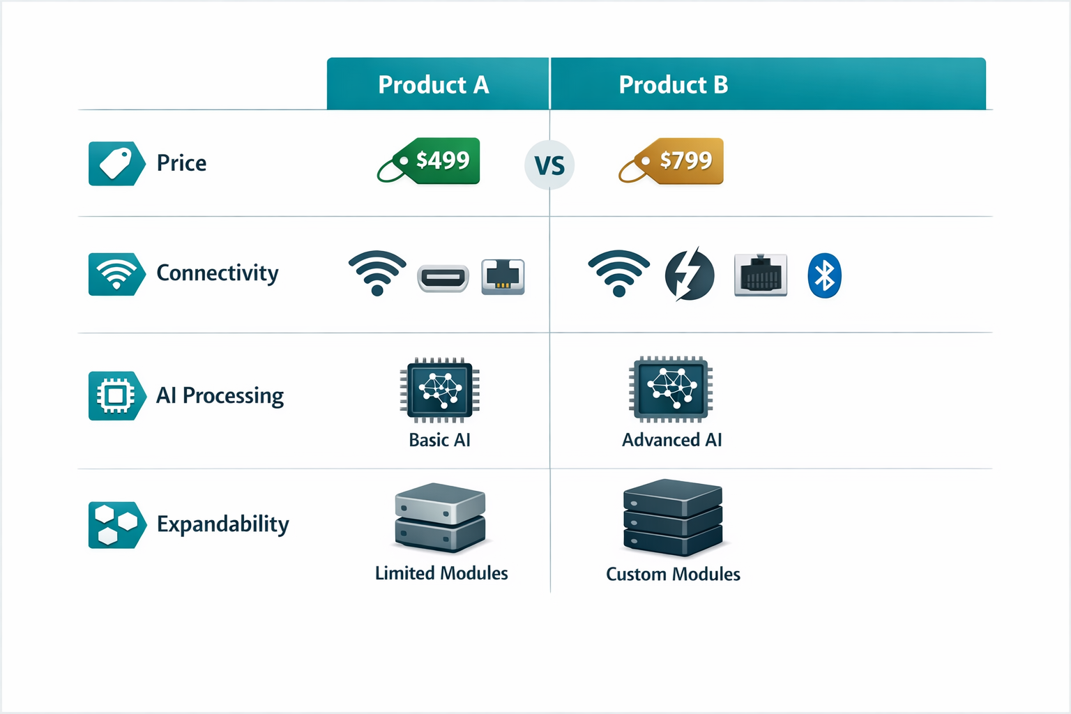Clean comparison chart visual showing key features side-by-side: price points, connectivity options, AI processing, and modular expandabilit