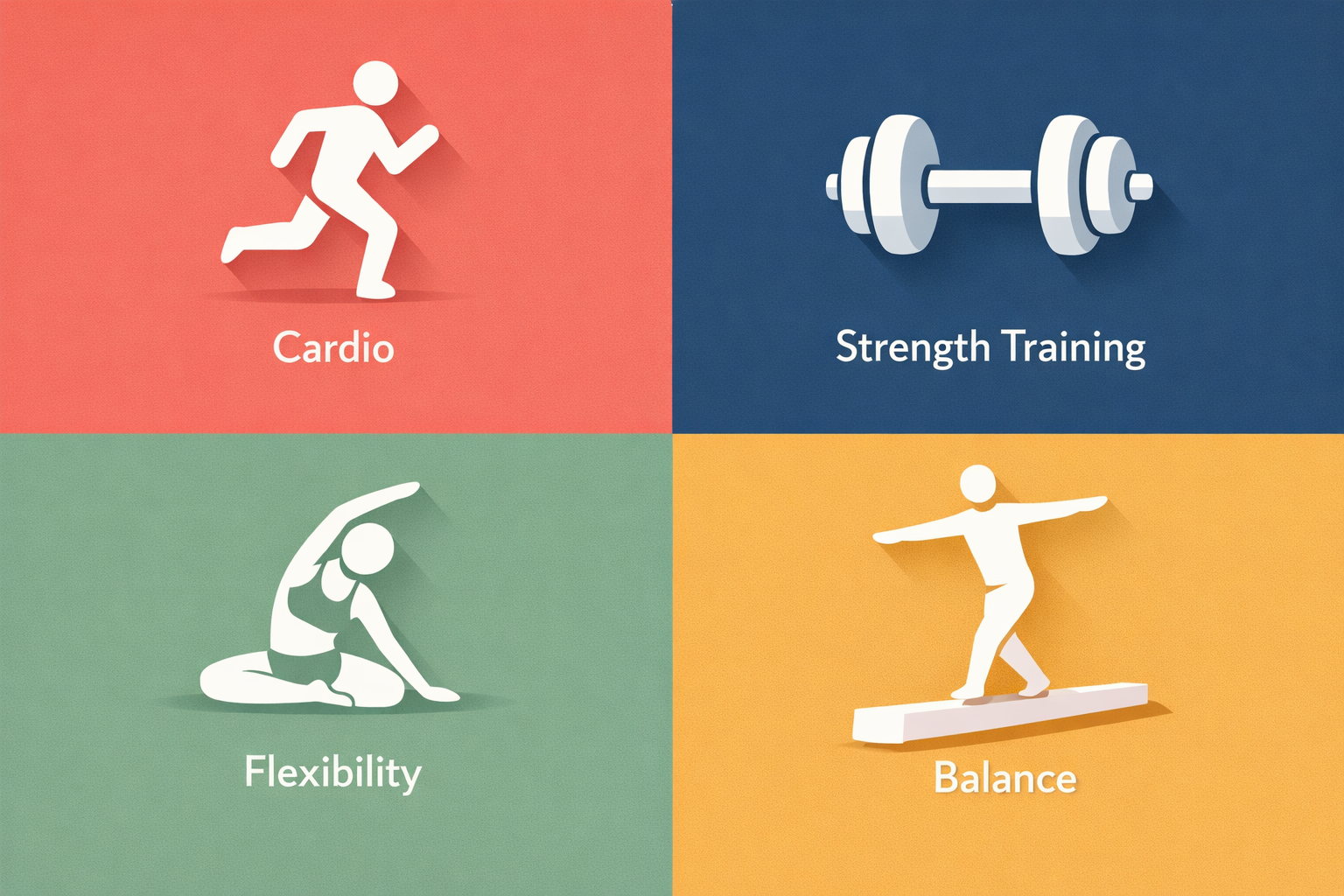 () editorial illustration showing four exercise type icons arranged in a clean 2x2 grid: a running figure for cardio, a