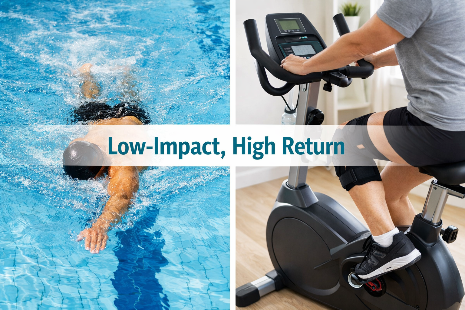 () split-panel image: left panel shows a person swimming laps in a clear blue indoor pool, shot from above at a slight angle