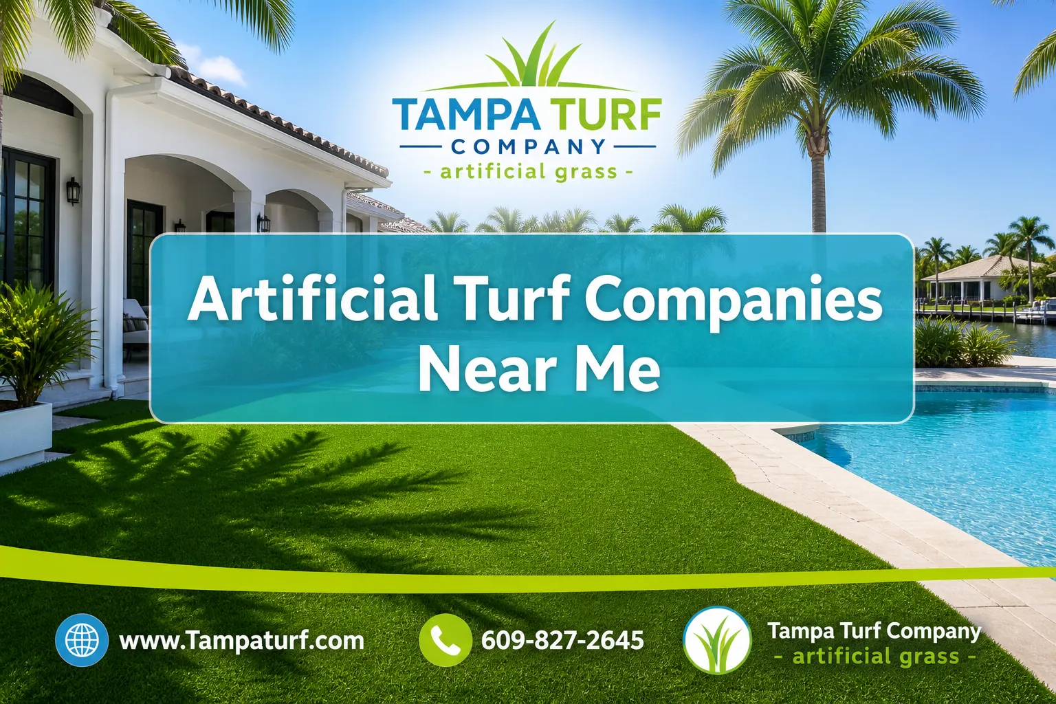Professional () editorial hero image with SHORT : 'Artificial Turf Companies Near Me', centered on 2 lines with generous 8%