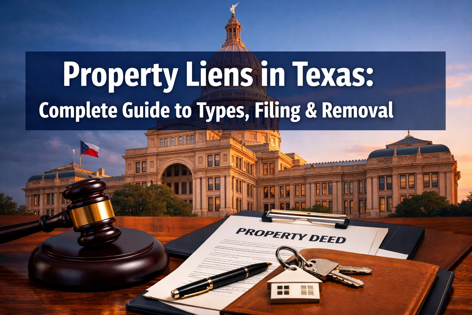 Professional landscape hero image (1536x1024) featuring bold text overlay 'Property Liens in Texas: Complete Guide to Types, Filing & Remova