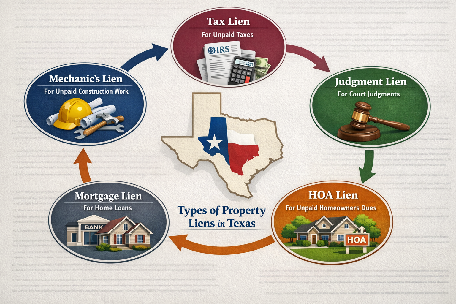 Detailed infographic-style illustration (1536x1024) showing five distinct types of property liens in Texas arranged in circular flow diagram
