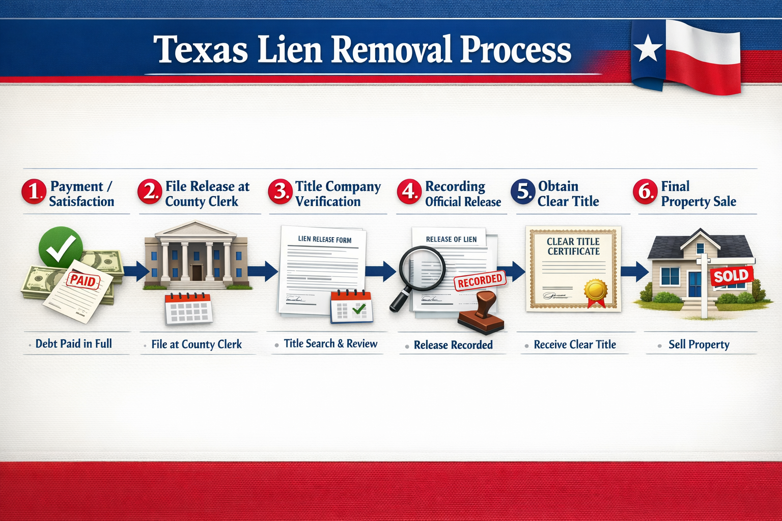 Comprehensive step-by-step process flowchart (1536x1024) illustrating Texas lien removal procedures with numbered stages from 1-6: payment/s