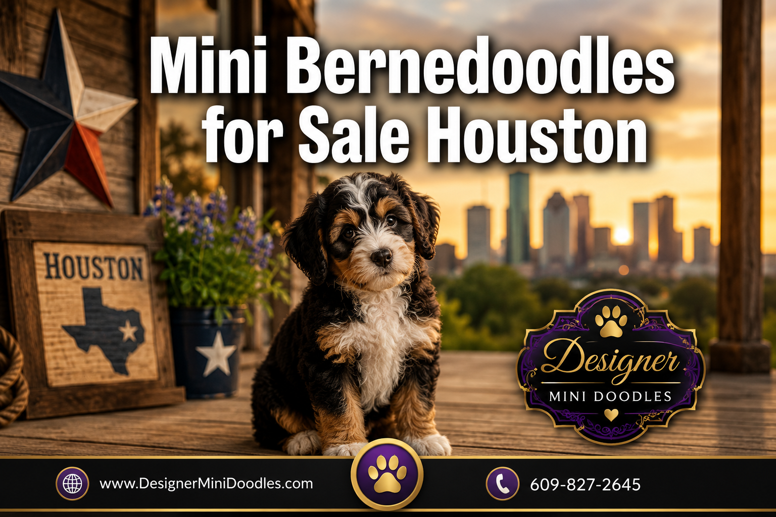 Professional () hero image featuring 'Mini Bernedoodles for Sale Houston' in extra large white with dark drop , centered in