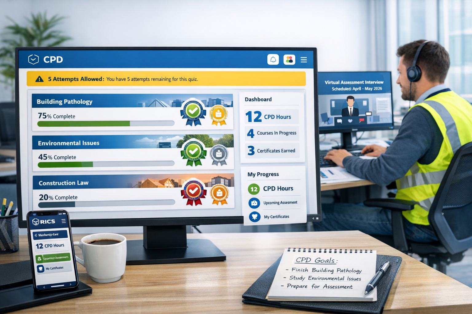 Landscape format (1536x1024) modern digital learning environment showing CPD platform interface on large desktop monitor in foreground, disp