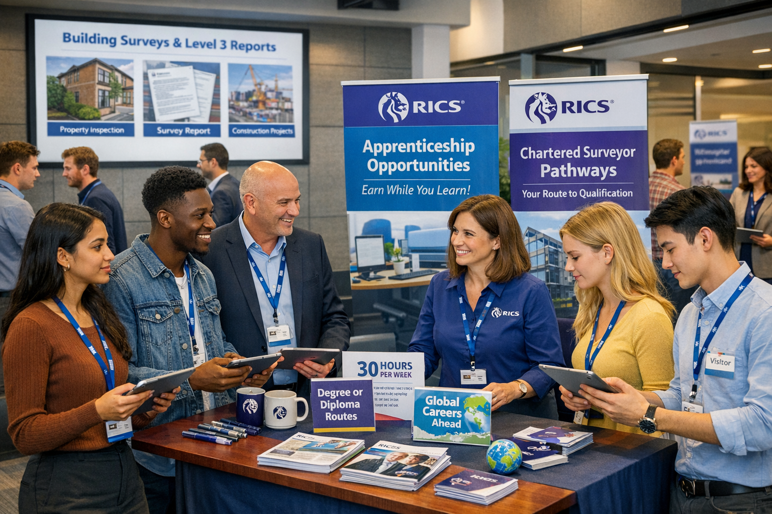 Landscape format (1536x1024) dynamic recruitment scene showing surveying firm career fair or graduate recruitment event in modern conference