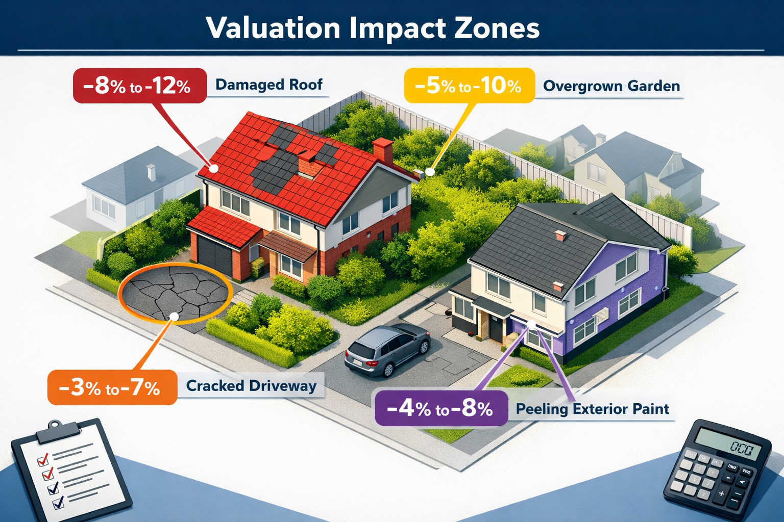 Detailed () infographic showing residential property exterior with annotated valuation impact zones. Overhead isometric view