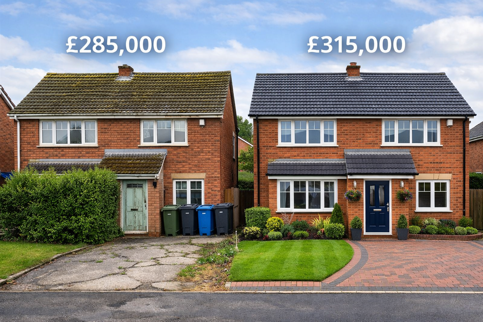 Detailed () comparison photograph showing identical semi-detached houses side-by-side on same street. Left property displays