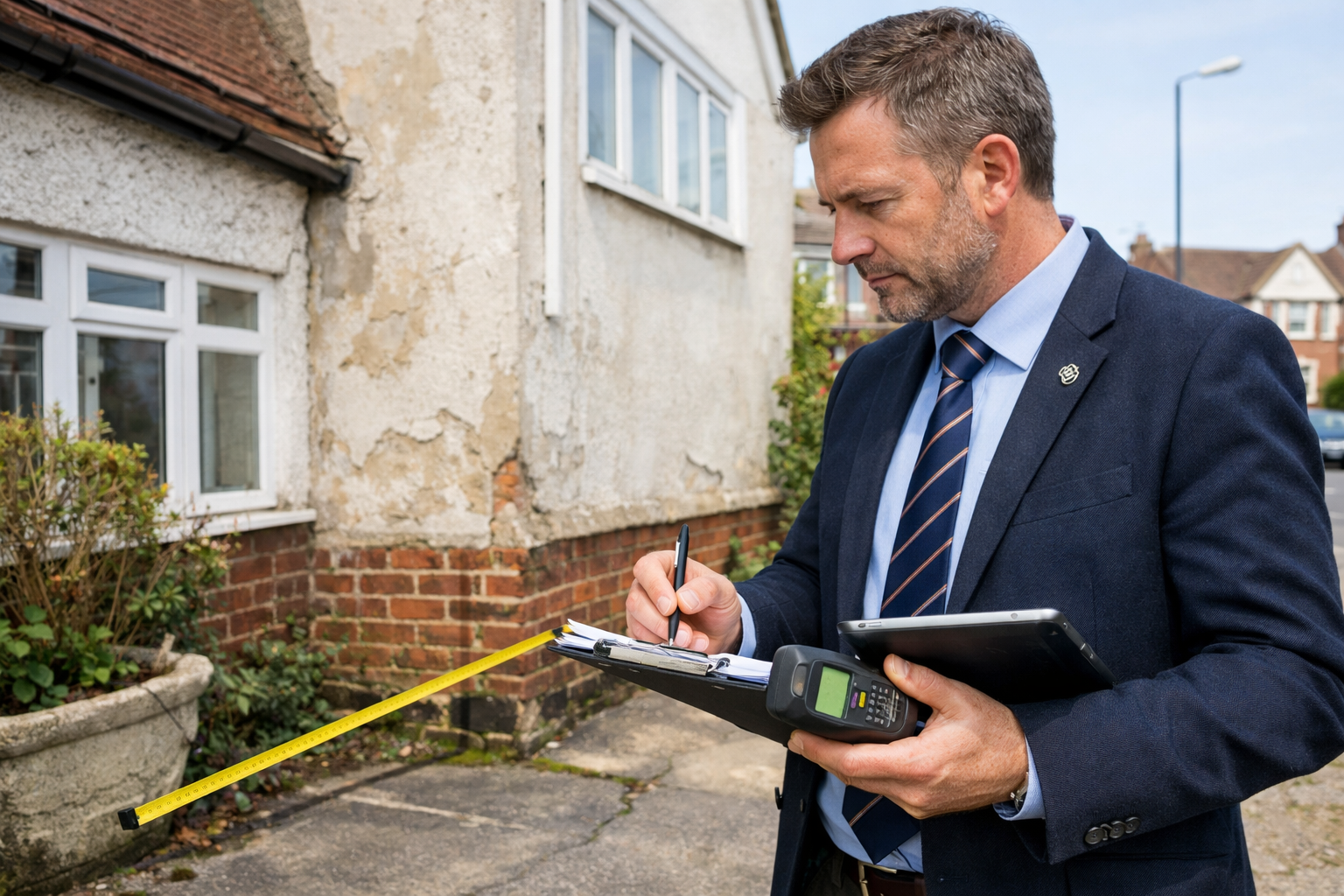 Detailed () professional surveyor conducting exterior property assessment. Mid-shot showing RICS-qualified surveyor in