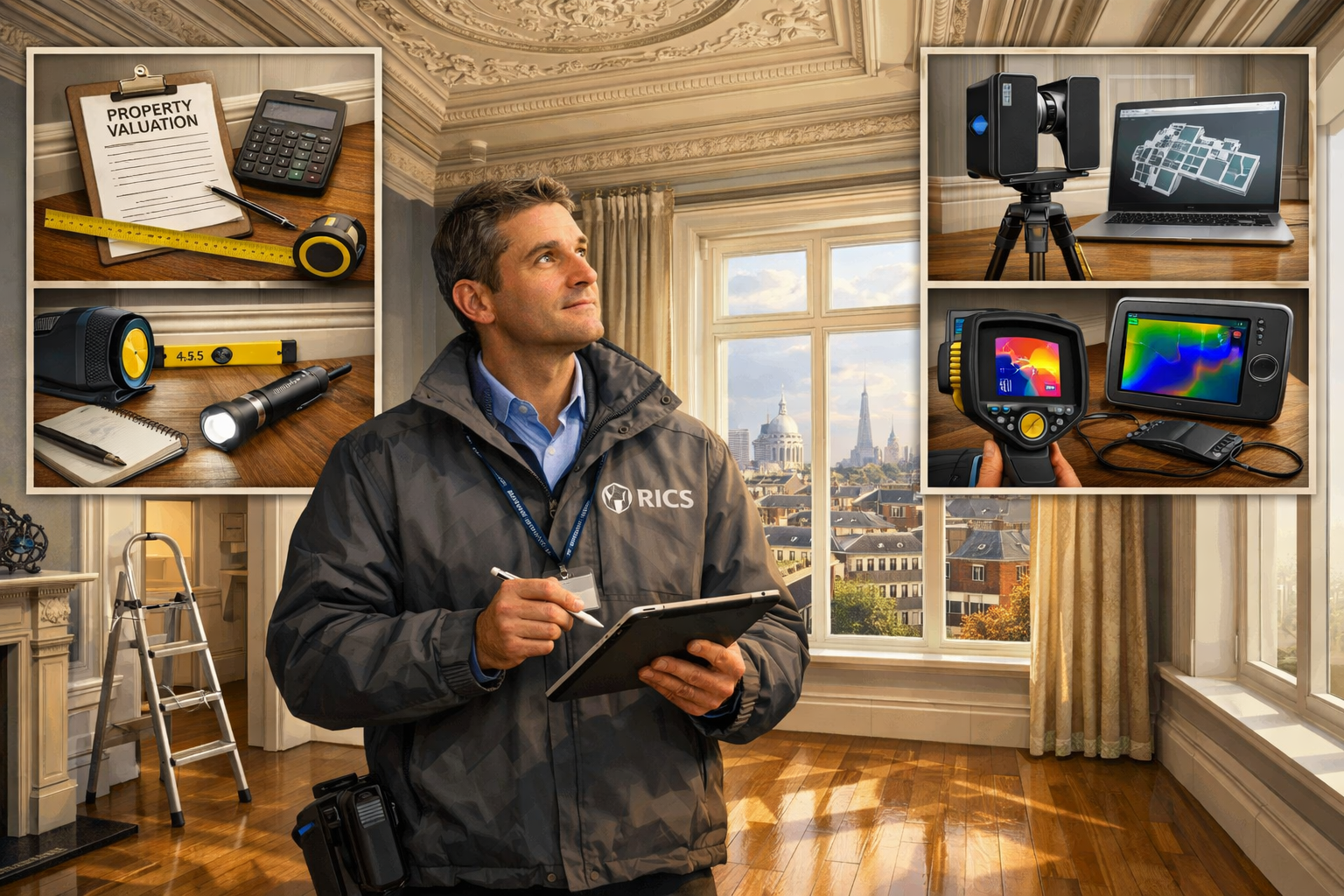 Landscape format (1536x1024) detailed illustration showing a professional RICS chartered surveyor conducting a comprehensive property valuat