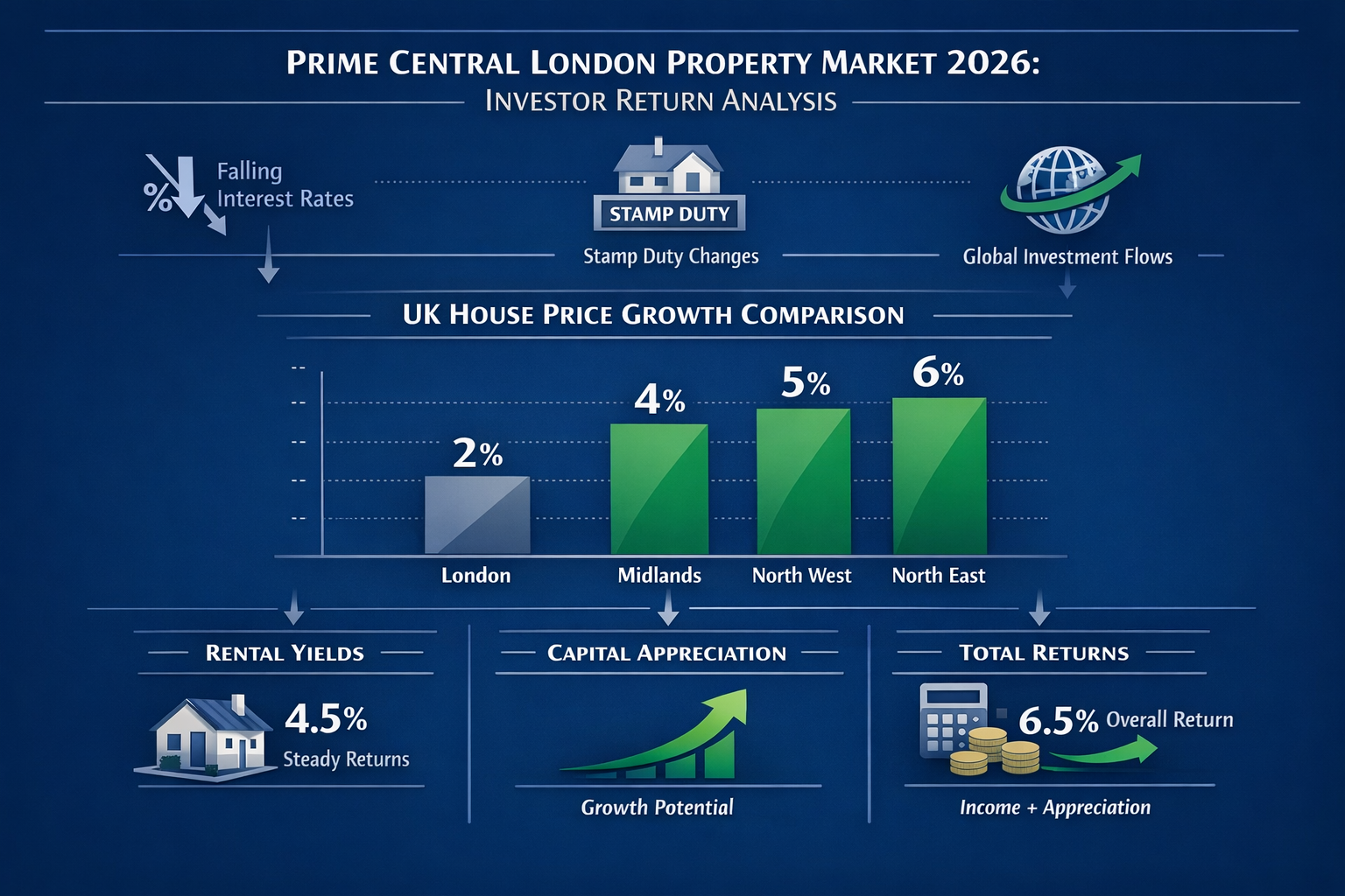 Landscape format (1536x1024) infographic-style visualization showing Prime Central London property market trends and investor return analysi
