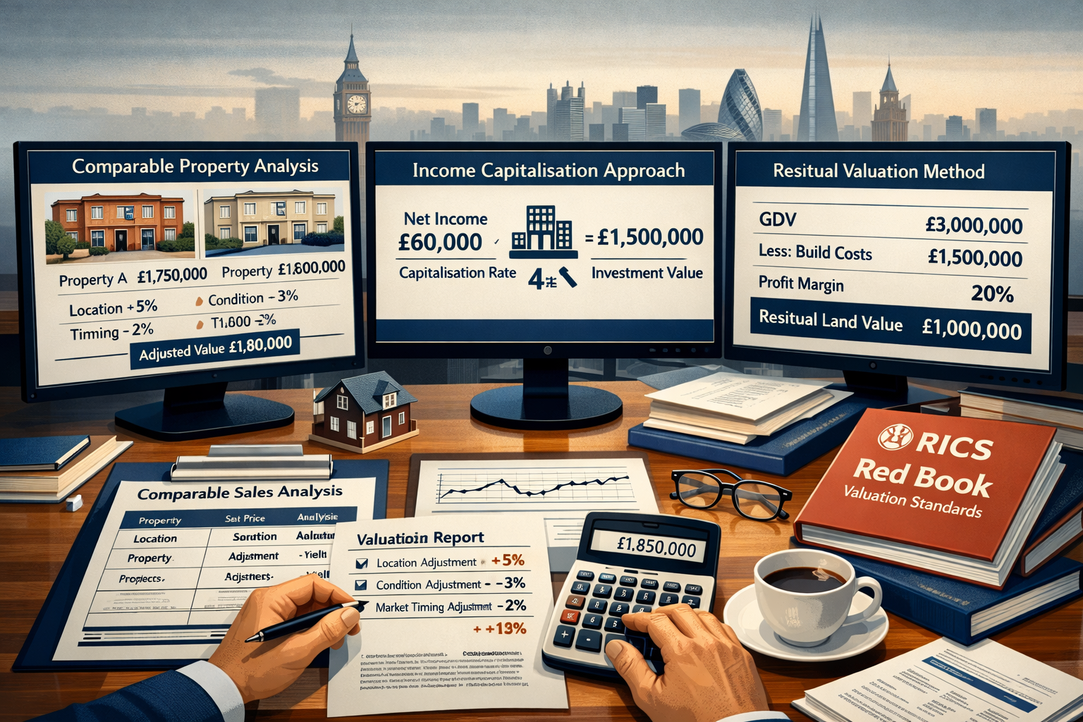 Landscape format (1536x1024) conceptual illustration depicting surveyor adjustment methodologies and valuation techniques specific to flat g