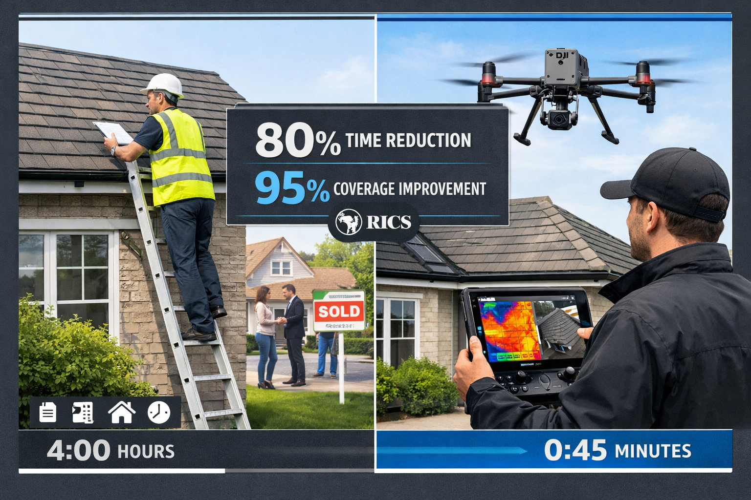 Detailed () editorial image showing split-screen comparison of traditional surveying versus drone-enhanced methods. Left