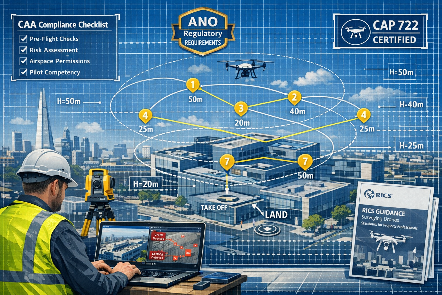 Comprehensive () technical diagram showing drone flight path patterns over commercial building complex with numbered
