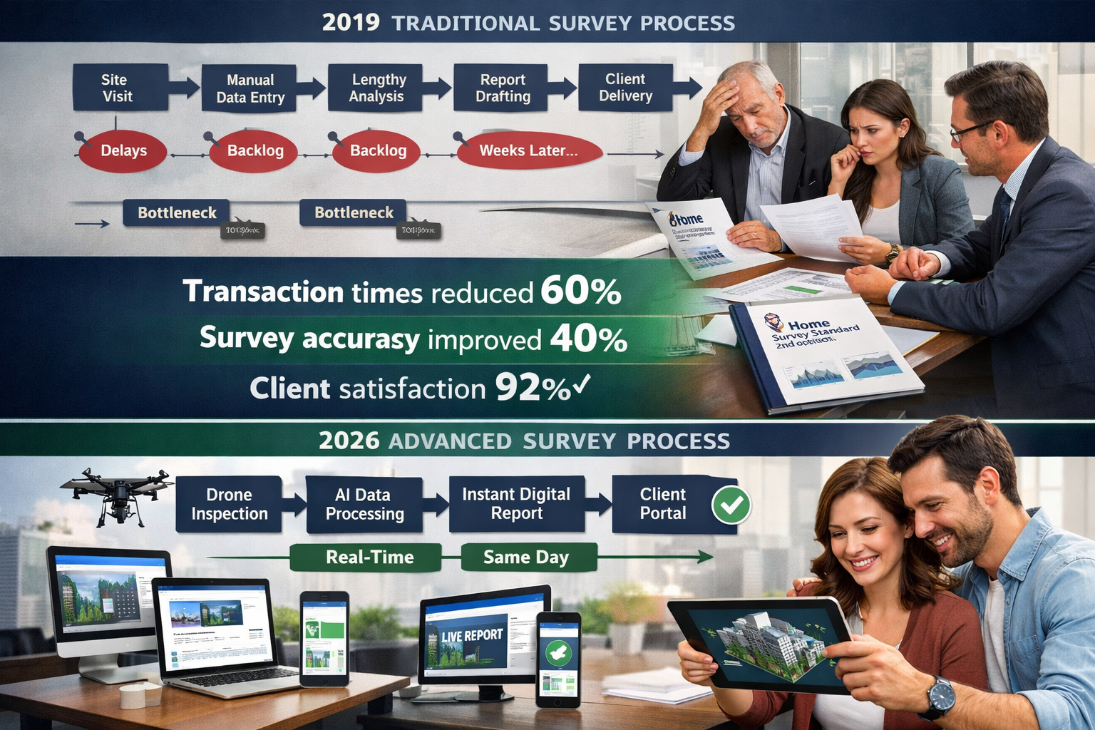 Dynamic () before-and-after transformation visual showing property transaction workflow acceleration. Top half: traditional