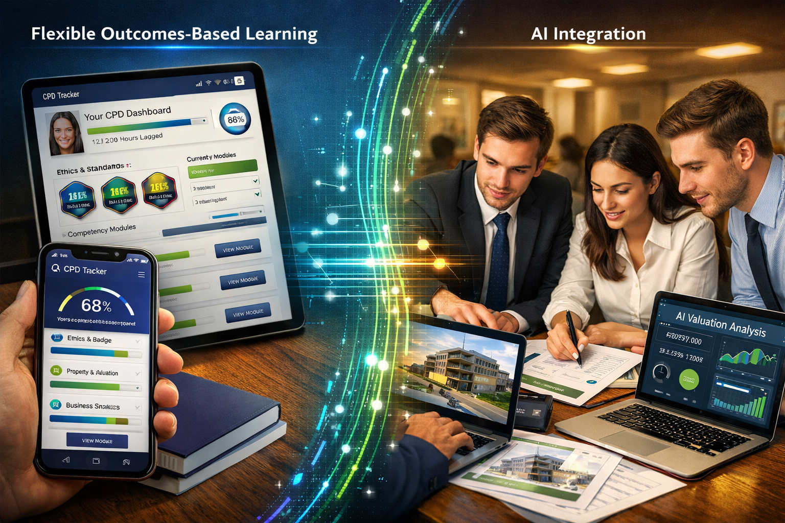 Detailed () image showing split-screen composition: left side displays modern CPD mobile app interface on smartphone and