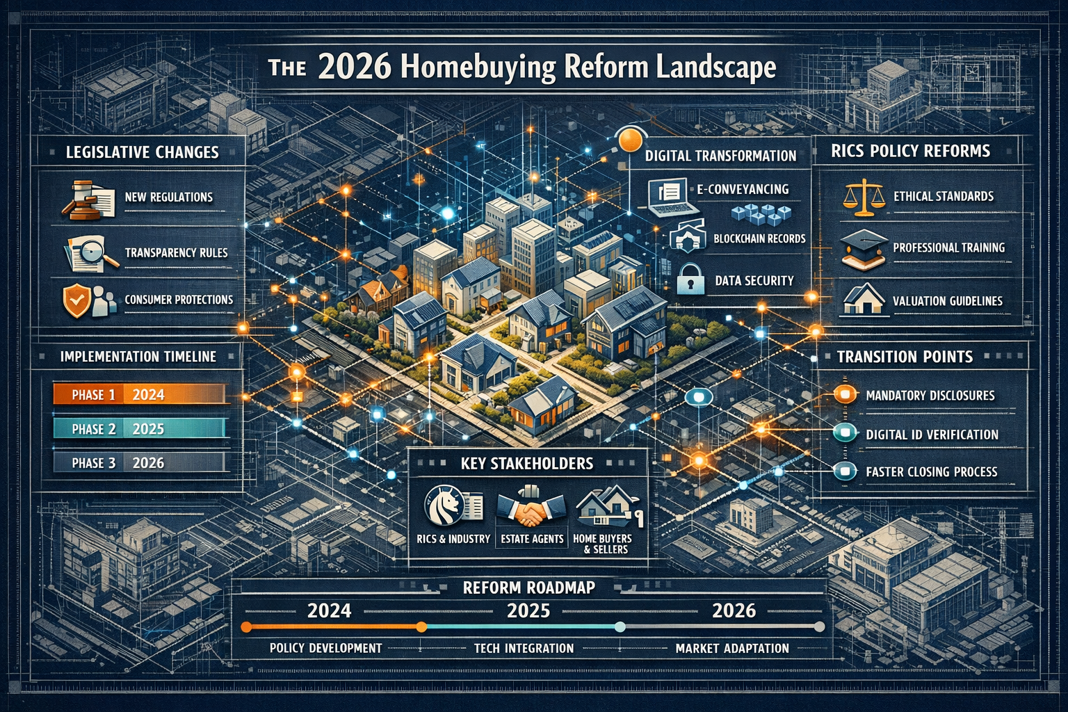 A comprehensive editorial-style infographic visualizing the 2026 Homebuying Reform Landscape, featuring a detailed
