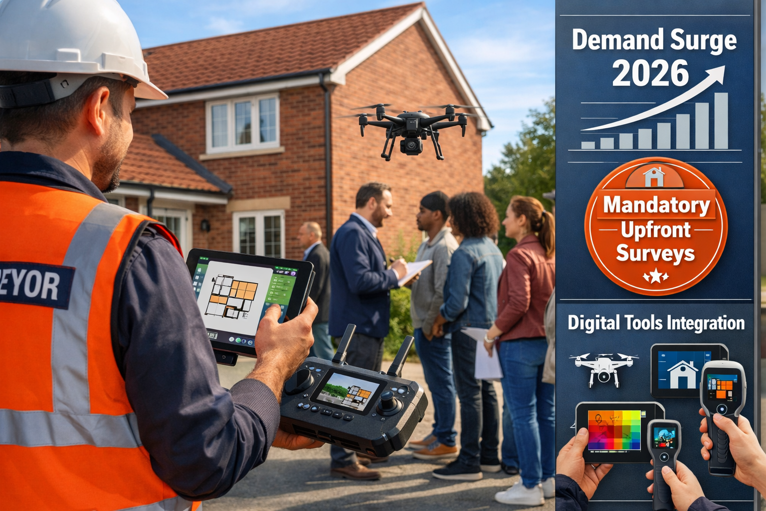 Dynamic () image showing bustling property survey scene addressing 2026 homebuying reforms: foreground features chartered