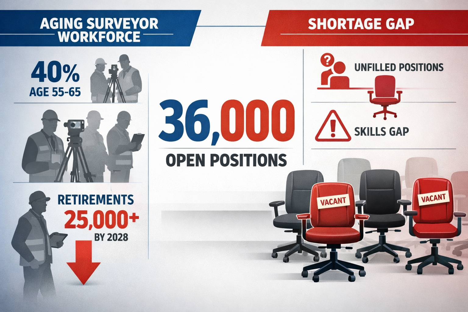 () detailed infographic showing workforce demographics crisis with split-screen composition: left side displays aging