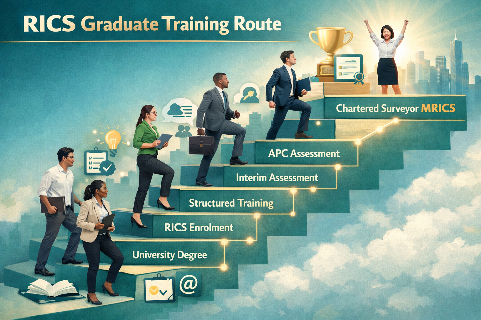 () educational pathway visualization showing RICS graduate training route as ascending staircase or ladder diagram, each