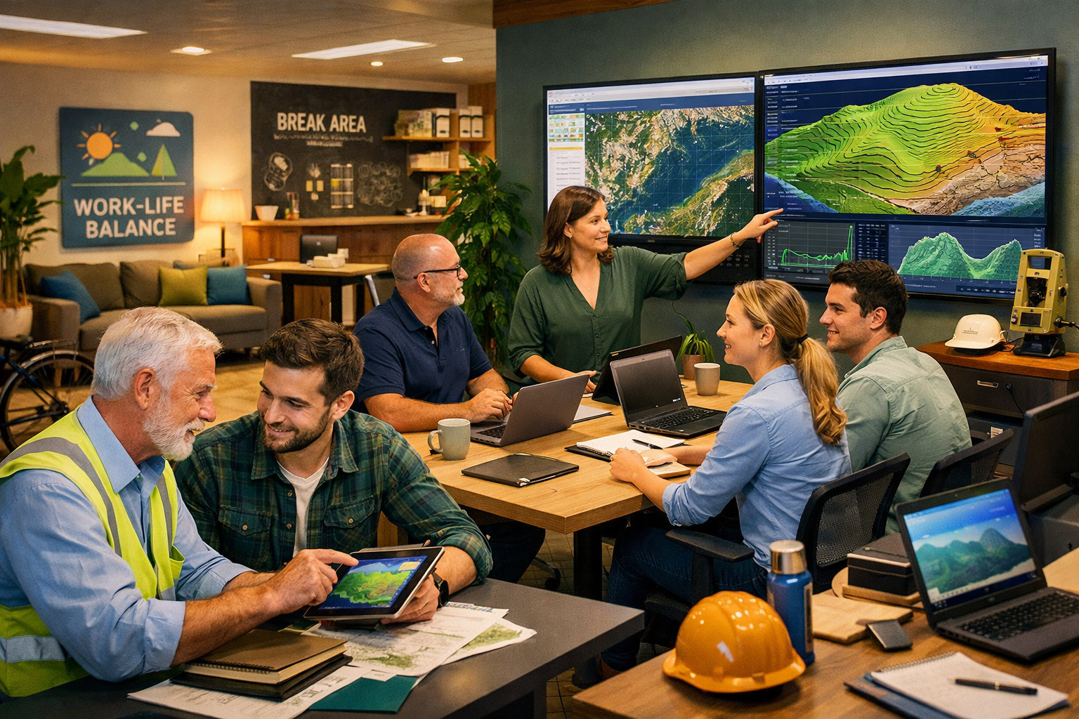 () workplace retention concept showing modern surveying office environment with collaborative team meeting, employee