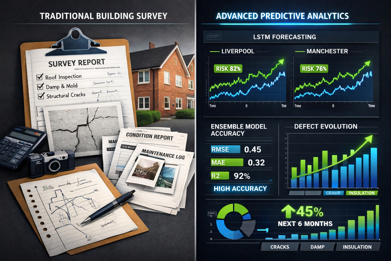 Infographic-style landscape image () showing a split-screen comparison: left side displays traditional manual building