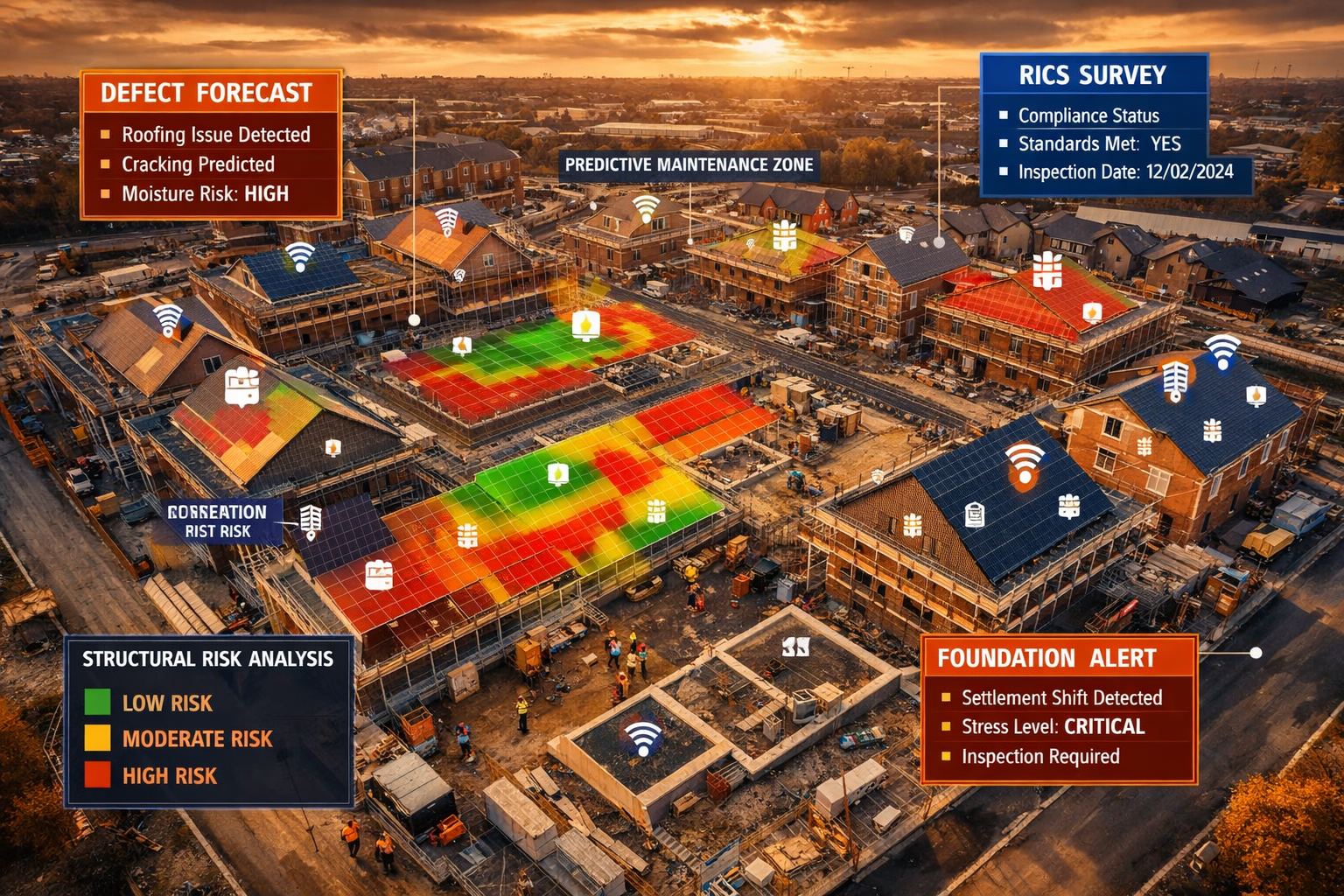 Overhead drone-perspective photograph () of a large-scale Northern England residential construction site in Liverpool, with
