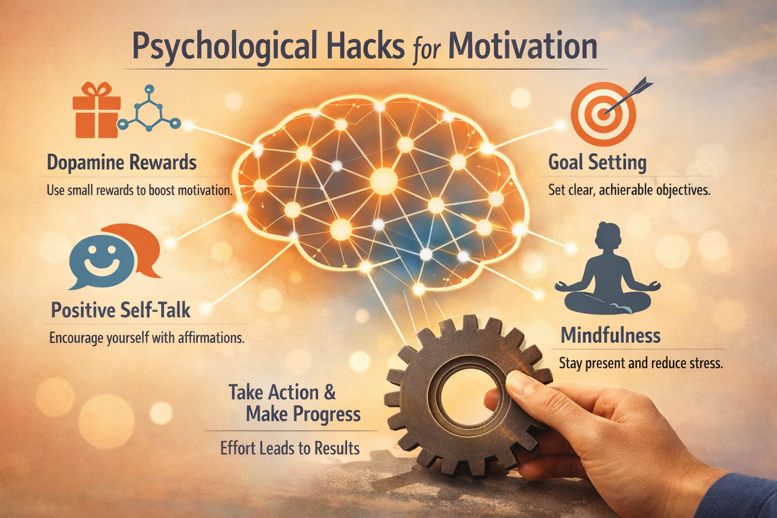 26 Proven Psychology Hacks to Stay Motivated in 2026 2 Editorial quality landscape format (1536x1024) image illustrating psychological hacks for motivation. The central focus is a brain graphic w