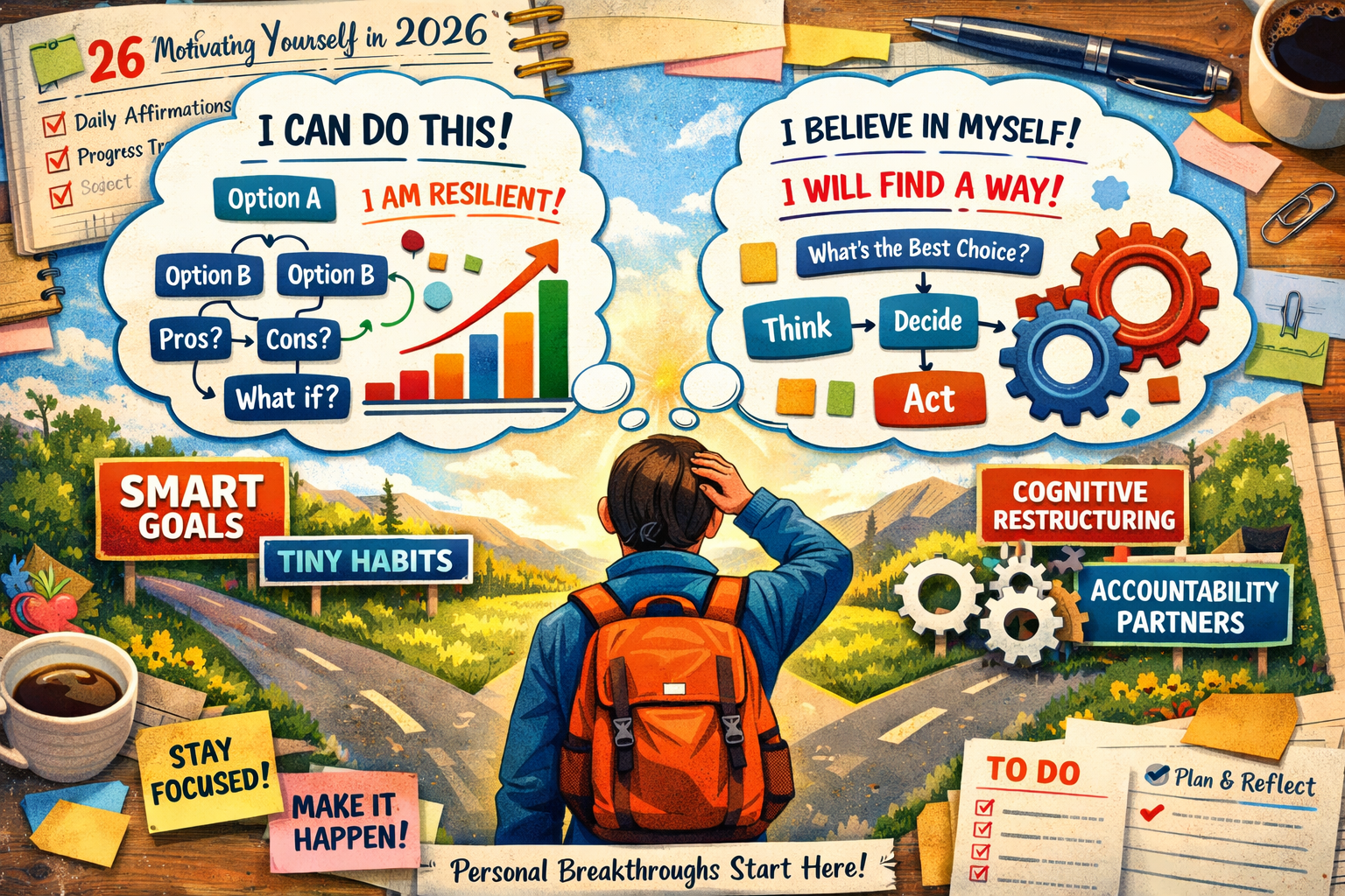 26 Proven Psychology Hacks to Stay Motivated in 2026 3 A vibrant, editorial landscape format (1536x1024) image showcasing advanced self-talk and decision-making frameworks. A person is depicted a