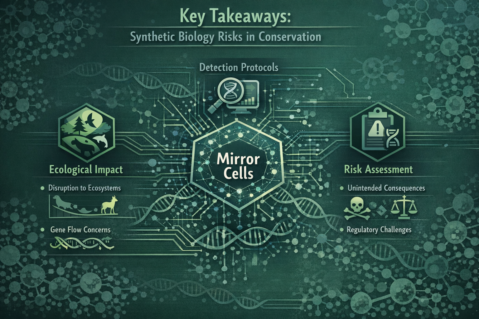 Key Takeaways section infographic visualizing synthetic biology risks in conservation, featuring a central hexagonal mind